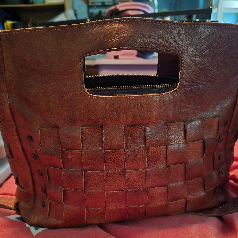Bed Stu Brown Woven Leather Crossbody Bag